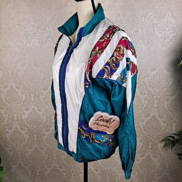 Bolo Spirit Size Small 80s Style Windbreaker Jacket Green White Colorful Detail - Picture 8 of 13